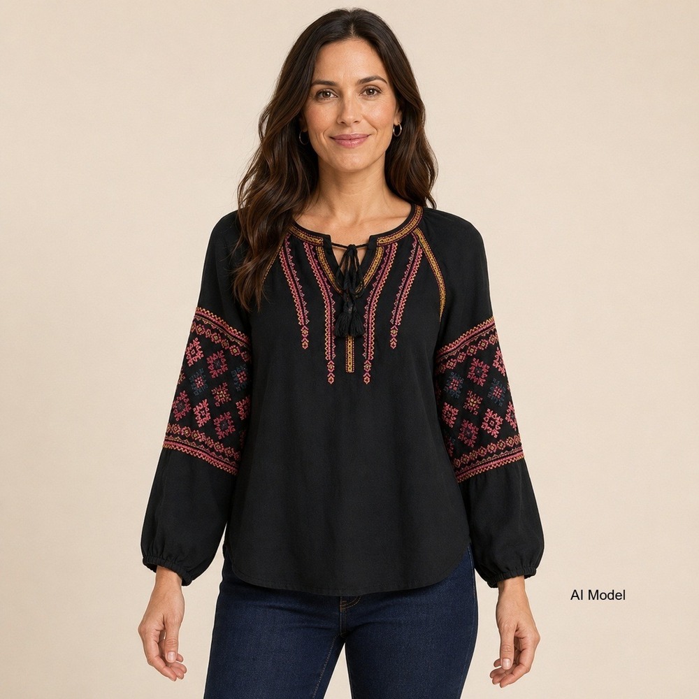 Boho Embroidered Peasant Blouse XS Black‎ Floral Tassel Tie Top Shirt